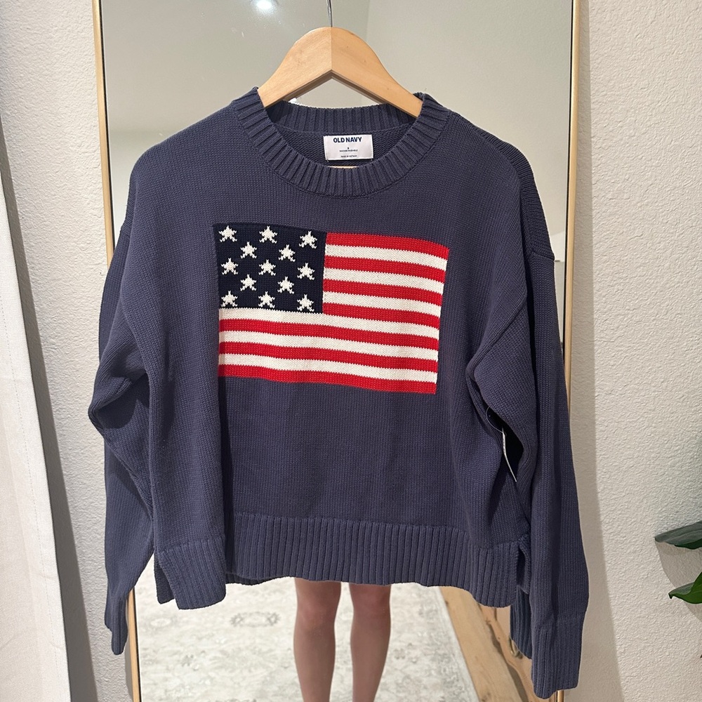 NWT OLD NAVY S Crew Neck Flag Sweater 100% Cotton Navy Volcanic Glass Small